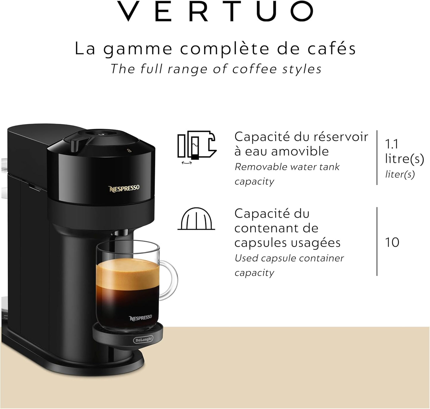 Nespresso Vertuo Next Coffee and Espresso Machine by De'Longhi, Glossy Black