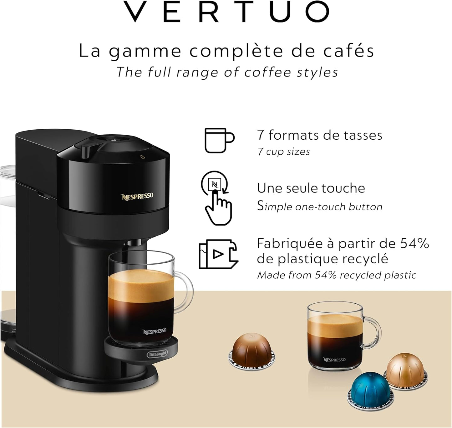 Nespresso Vertuo Next Coffee and Espresso Machine by De'Longhi, Glossy Black